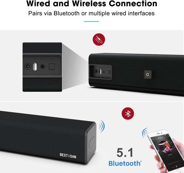 Bestisan 2.1 Channel 100Watt Sound bar, Soundbar with Built in Subwoofer Bluetooth 5.1 Surround Sound Systems (32Inches, DSP, HDMI-ARC, Remote Control, Bass Adjustable) Bestisan 2.1 Channel 100Watt Sound bar, Soundbar with Built in Subwoofer Bluetooth 5.1 Surround Sound Systems (32Inches, DSP, HDMI-ARC, Remote Control, Bass Adjustable)