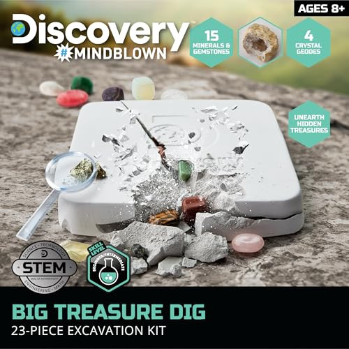 Discovery„¢ Big Treasure Dig STEM Kit “ 23-Piece Excavation Set for Kids Dig for 15 Gemstones, 4 Crystal Geodes & Pyrite Nuggets Real Tools Educational Geology Toy Science Activity  Ages 8+