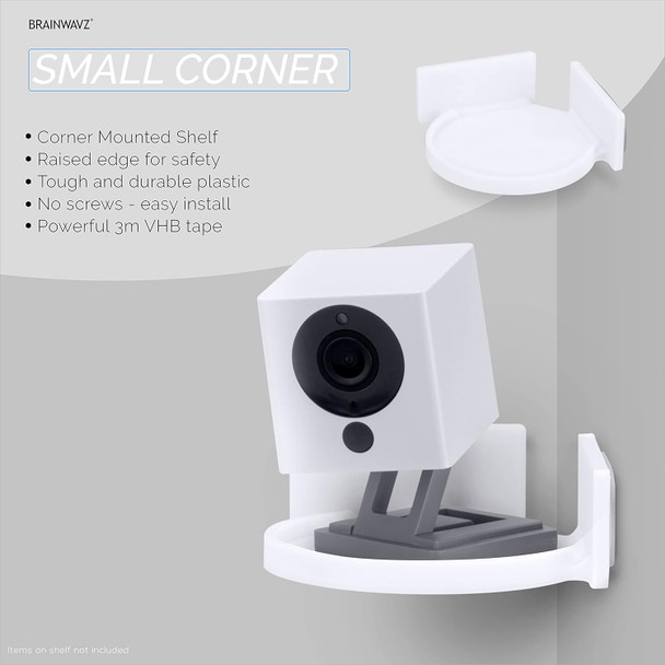 BRAINWAVZ Mini Circular Corner Shelf Mount for Security Cameras, Baby Monitors, Speakers, Plants & More, Universal Holder, Strong Adheasive, No Mess, Screwless (White) BRAINWAVZ Mini Circular Corner Shelf Mount for Security Cameras, Baby Monitors, Speakers, Plants & More, Universal Holder, Strong Adheasive, No Mess, Screwless (White)