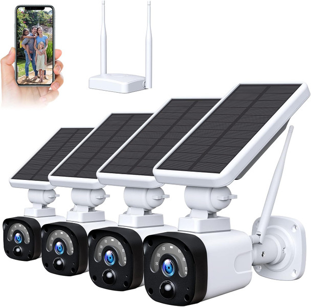 Solar Security Camera System Outdoor Wireless WiFi 4 Pack, 3MP Solar Powered (Include Base Station & 4 Solar Cameras), 2-Way Audio, Night Vision, PIR Motion Detection, IP65 Waterproof