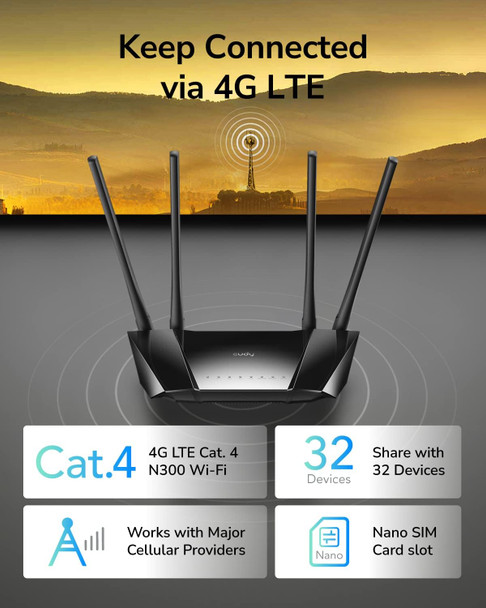 Cudy N300 WiFi Unlocked 4G LTE Modem Router with SIM Card Slot, 300Mbps WiFi, LTE Cat4, EC25-AFX Qualcomm Chipset, 5dBi High Gain Antennas, FDD, DDNS, VPN, Cloudflare, Plug and Play, LT400 Cudy N300 WiFi Unlocked 4G LTE Modem Router with SIM Card Slot, 300Mbps WiFi, LTE Cat4, EC25-AFX Qualcomm Chipset, 5dBi High Gain Antennas, FDD, DDNS, VPN, Cloudflare, Plug and Play, LT400