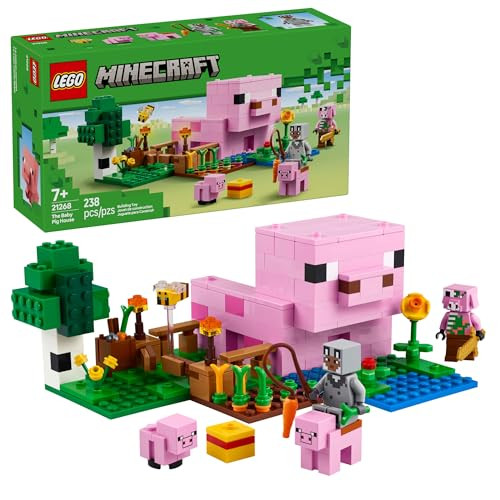 LEGO Minecraft The Baby Pig House Toy Figures and Playset - Building Minecraft Toy for Kids, Boys and Girls, Ages 7+ -  for Birthdays - with 2 Minifigures for Pretend Play - 21268
