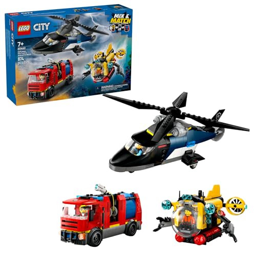 LEGO City Helicopter, Fire Truck & Submarine Remix Kids Toy - 3 Building Toys in 1 for Boys and Girls, Ages 7+ -  Idea for Birthdays - with 3 Minifigures - 60462