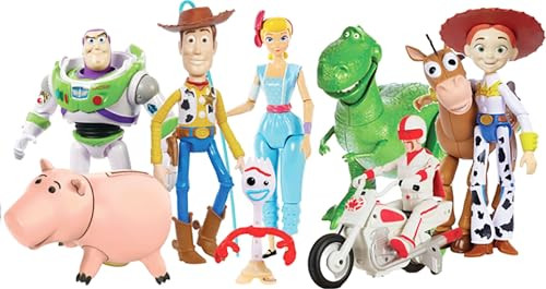 Mattel Disney and Pixar Toy Story Storytellers Figure Pack, 9 Figures & Vehicle, Woody Buzz Rex Forky Bo Peep Duke Caboom & Toy Motorcycle, Carnival Crew
