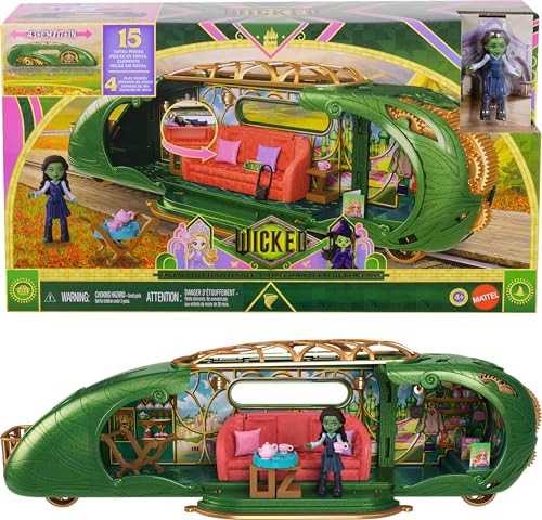 Mattel Universal Pictures™ Wicked Emerald City Train Playset with Elphaba Small Doll, 3 Play Spaces & 14 Accessories, Inspired by The Movie