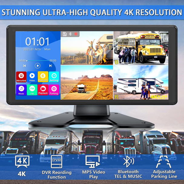 RV Backup Camera System with 10.36’’ 4K Monitor for RV Truck Bus Trailer with Rear Side View 4 AHD Camera 4 Splits Touch Screen DVR Recording IP69 Waterproof Bluetooth Music Video Playback Avoid Blind RV Backup Camera System with 10.36’’ 4K Monitor for RV Truck Bus Trailer with Rear Side View 4 AHD Camera 4 Splits Touch Screen DVR Recording IP69 Waterproof Bluetooth Music Video Playback Avoid Blind