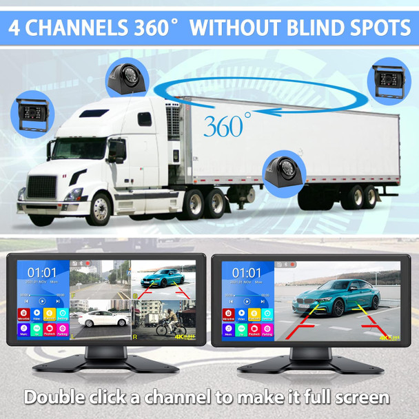 Rv Backup Camera System With 10.36’’ 4K Monitor For Rv Truck Bus Trailer With Rear Side View 4 Ahd Camera 4 Splits Touch Screen Dvr Recording Ip69 Waterproof Bluetooth Music Video Playback Avoid Blind