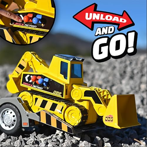 Maxx Action Sunny Days Entertainment Maxx Action 2-N-1 Mega Mover “ Construction Truck and Trailer with Lights, Sounds and Motorized Drive, Yellow, Large