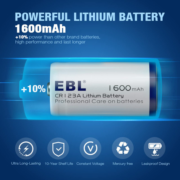 EBL CR123A 3V Lithium Battery, 16 Pack CR123A Batteries with10 Years Shelf Life Long-Lasting 123 Batteries for Cameras Flashlight Security EBL CR123A 3V Lithium Battery, 16 Pack CR123A Batteries with10 Years Shelf Life Long-Lasting 123 Batteries for Cameras Flashlight Security