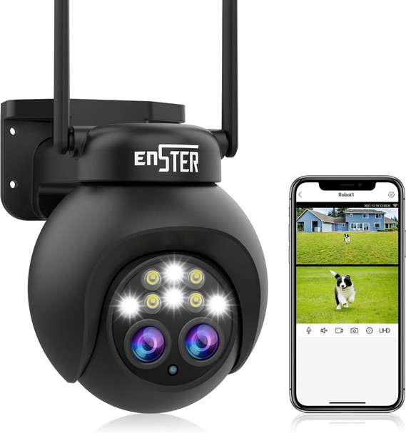 ENSTER 360° PTZ Security Camera Outdoor, 2.5K 4MP Dual Lens Wi-Fi Camera with 8X Hybrid Zoom, Motion Tracking, Color Night Vision, Two-Way Audio, Siren Alert, SD/Cloud Storage, IP66 Weatherproof ENSTER 360° PTZ Security Camera Outdoor, 2.5K 4MP Dual Lens Wi-Fi Camera with 8X Hybrid Zoom, Motion Tracking, Color Night Vision, Two-Way Audio, Siren Alert, SD/Cloud Storage, IP66 Weatherproof