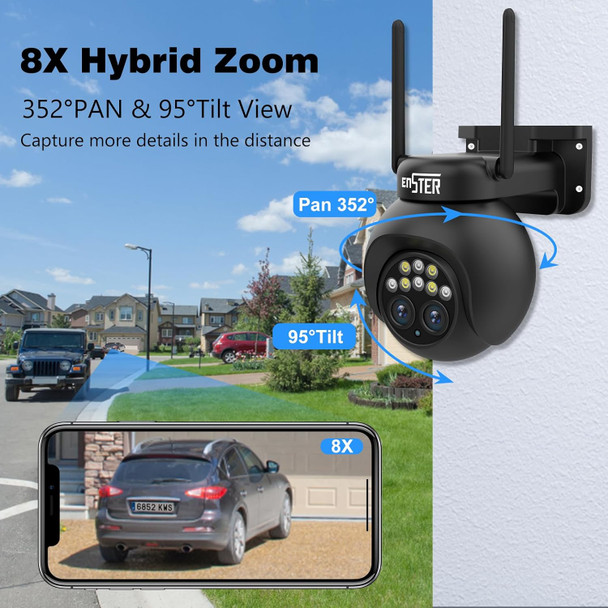 ENSTER 360° PTZ Security Camera Outdoor, 2.5K 4MP Dual Lens Wi-Fi Camera with 8X Hybrid Zoom, Motion Tracking, Color Night Vision, Two-Way Audio, Siren Alert, SD/Cloud Storage, IP66 Weatherproof ENSTER 360° PTZ Security Camera Outdoor, 2.5K 4MP Dual Lens Wi-Fi Camera with 8X Hybrid Zoom, Motion Tracking, Color Night Vision, Two-Way Audio, Siren Alert, SD/Cloud Storage, IP66 Weatherproof