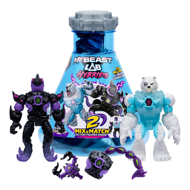 MRBEAST LAB Hybrids Multi Pack, Reveal Different Hybrid Parts To Create 2 Mix & Match Action Figures, Plus Parts Of The Golden Panther Dragon, Fuse Millions Of Beast Combinations - Shark VS Polar Bear