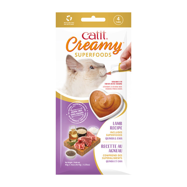 Catit Creamy Superfood Lickable Cat Treat – Hydrating and Healthy Treat for Cats of All Ages - Lamb with Quinoa & Chia 4-Pack