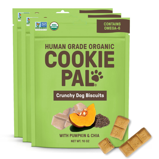 CookiePal Pumpkin Dog Treats with Chia Human Grade USDA Organic Dog Training Treats Crunchy Natural Puppy Training Biscuits 10oz (Pk of 3)