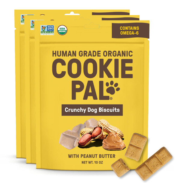 CookiePal Dog Treats Crunchy Peanut Butter Puppy Training Treats Human Grade USDA Organic Natural Dog Biscuits 10oz (Pk of 3)