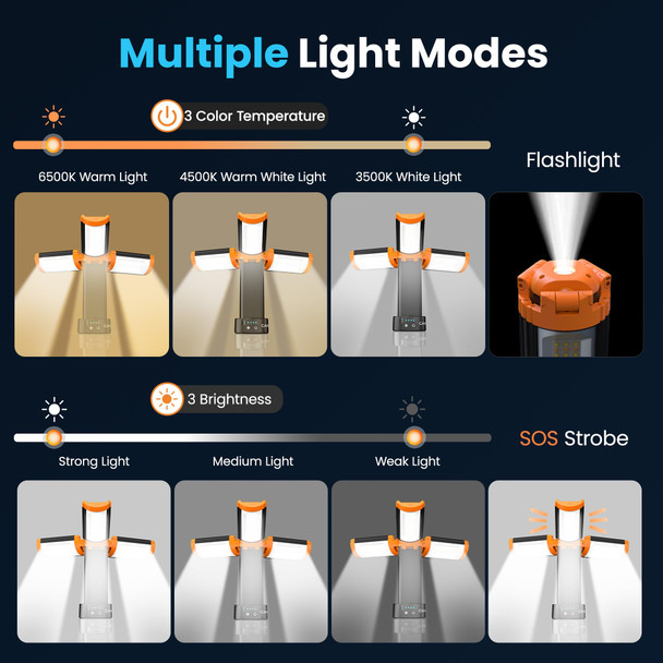 CAVN Rechargeable Camping Lights with Remote & Detachable Tripod Max Height 6.7 ft Portable Work Light with 3 LED Lamp Heads Camping Essentials Gear Emergency Flashlight with Hook Orange