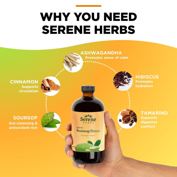 Serene Herbs Soursop Bitters Liquid – Organic Herbal Sour SOP Guanabana with Black Seed, Moringa, Irish Moss & Ginger – Gut Support, Energy & Immune Boost – Vegan, Non-GMO – Orange Flavor – 16 oz