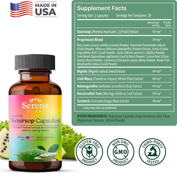Serene Herbs Graviola Soursop Capsules Organic - Guanabana Extract Pills with Black Seed, Irish Moss & Moringa - 16 Herb Daily Supplements & Digestive Support - Vegan, Non-GMO - 7,000 mg - 60 Count