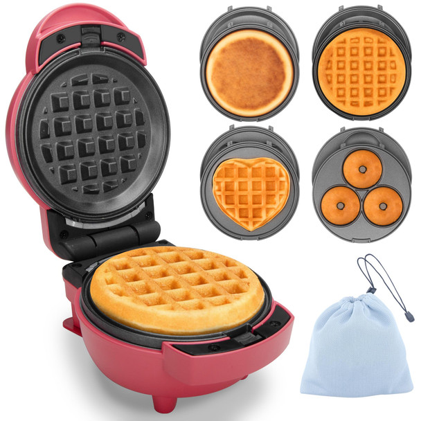 Baker'S Friend 4 In 1 Mini Waffle Maker With Removable Plates Set Includes Mini Pancake Donut Heart Shape Waffle Makers Compact Size Recipe Included Blue