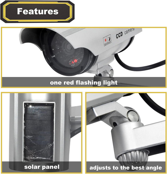 F FINDERS&CO Solar Powered Dummy Security Camera, Bullet Fake Surveillance System with Realistic Red Flashing Lights and Warning Sticker Indoor Outdoor (4, Silver)