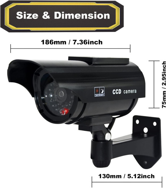 F FINDERS&CO Solar Powered Fake Security Camera, Bullet Dummy Security Camera Surveillance System with Realistic Red Flashing Lights Indoor Outdoor (4 Black)