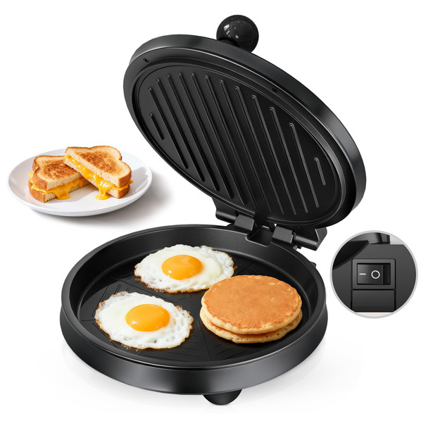 Cachoo 3-In-1 Electric Griddle & Panini Press - Cachoo 8" Nonstick Round Griddle And Sandwich Press With On/Off Switch 180° Open Design Perfect For Pancakes Omelettes Quesadillas Veggies (Red/Beige)