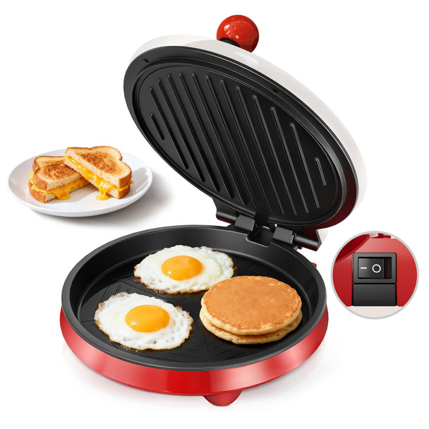 Cachoo 3-In-1 Electric Griddle & Panini Press - Cachoo 8" Nonstick Round Griddle And Sandwich Press With On/Off Switch 180° Open Design Perfect For Pancakes Omelettes Quesadillas Veggies (Red/Beige)