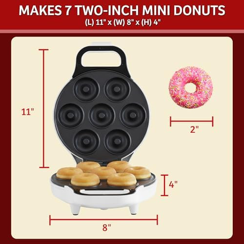 Chef Buddy Mini Donut Maker Durable Nonstick Easy To Use Mini Baking Machine - Cooks 7 Mini Doughnuts At A Time - Glazed Frosted With Sprinkles Nuts Or Vegan Donuts & More (White)