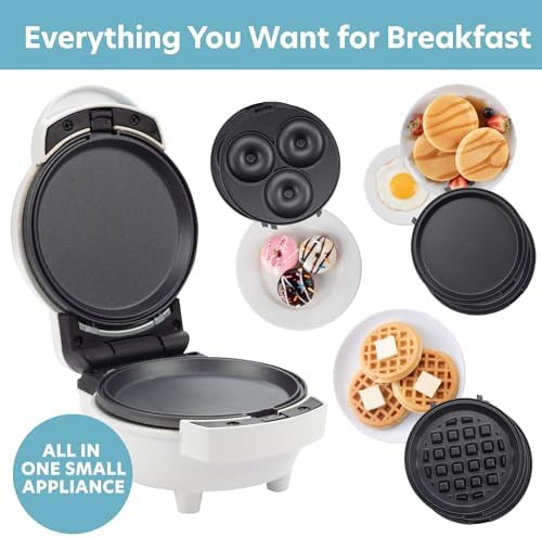 Cucinapro 3 In 1 Mini Breakfast Maker- Make Mini Waffles Donuts Pancakes Or Eggs All In 1 Multi Use Appliance- Easily Swap & Clean Interchangeable Griddle Plates- Small Electric Nonstick Baker With Recipe Guide
