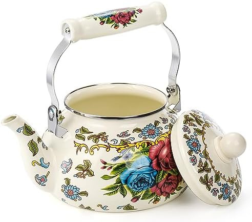 Fasmov 2.5L Enamel Teapot Large Porcelain Enameled Teakettle Floral Colorful Tea Kettle With Handle For Stovetop Retro Steel Teapot For Hot Water No Whistling