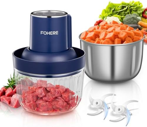 Fohere Food Processors Electric Food Chopper With Meat Grinder & Vegetable Chopper With 2 Bowls (8 Cup+7 Cup) 2 Sets Of Bi-Level Blades For Fruits/Meat/Nuts/Baby Food Blue