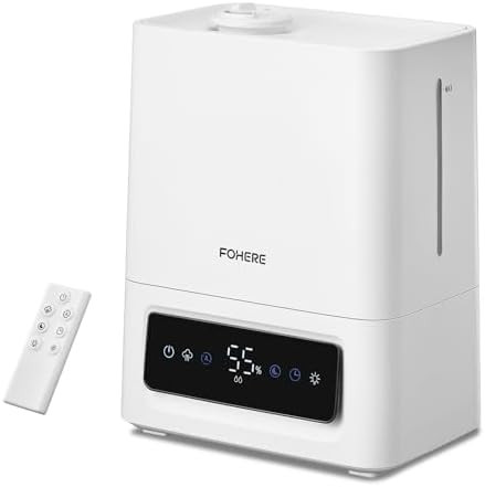 Fohere 6L Humidifiers For Bedroom 60H Cool Mist Humidifier For Large Room 28Db Ultra-Quiet Runtime For Baby Indoor Plants Smart Humidity Sensor 16H Timer Night Light Oil Diffuser White