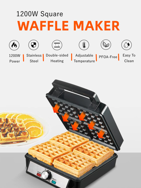Fohere 1200W Belgian Waffle Maker 4-Slice Stainless Steel 5 Browning Levels Non-Stick Surfaces Silver/Black Fohere - Perfect For Family Breakfasts (Black)