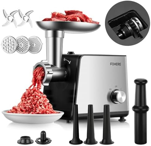 Fohere Electric Meat Grinder 3200W Max Heavy Duty Stainless Steel Meat Mincer With 2 Blades 3 Grinding Plates 3 Sausage Stuffer Tubes & Kubbe Kit For Home & Kitchen & Deer Meat Processing Using