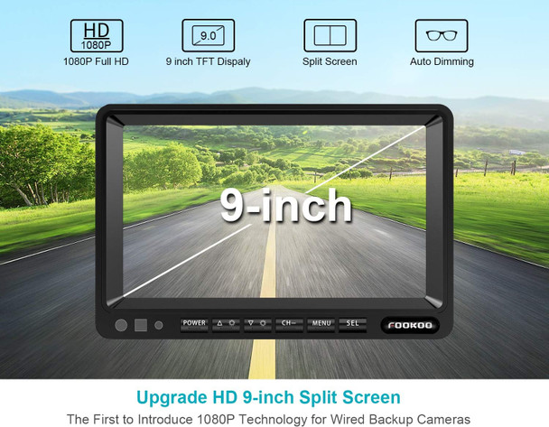 Fookoo Ⅱ HD 1080P 9" Wired Backup Camera System, 9-inch DVR Dual Split Screen Monitor, IP69 Waterproof Rear View Camera for Truck/Trailer/Box Truck/RV, Loop Record, Parking Lines (DY912) Fookoo Ⅱ HD 1080P 9" Wired Backup Camera System, 9-inch DVR Dual Split Screen Monitor, IP69 Waterproof Rear View Camera for Truck/Trailer/Box Truck/RV, Loop Record, Parking Lines (DY912)