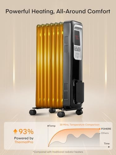 Fohere Oil Filled Radiator Heater For Indoor Use Large Room Safe With Thermostat 1500W Quiet Energy Efficient Space Heater With Remote 4 Modes 24H Timer Overheat Protection Black