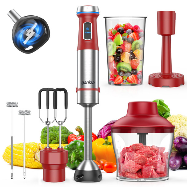 Ganiza Immersion Blender Handheld 6 In 1 Hand Blender Stainless Steel Blade 15 Speed Stick Blenders Electric 800Ml Mixing Beaker 600Ml Chopper Whisk Frother Potato Masher
