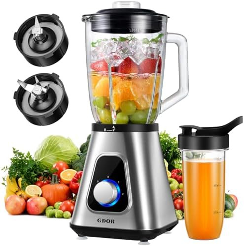 Gdor 1200W Blender For Smoothies And Shakes 52 Oz Countertop Blender & 22 Oz Personal Blender Combo 6-Leaf Blade 3 Adjustable Speed For Juices Frozen Fruit Drinks Sauces Self-Cleaning