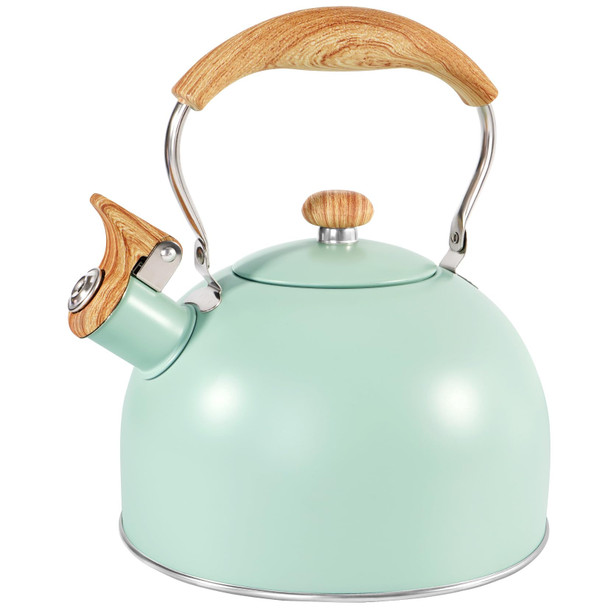Ggc Tea Kettle For Stove Top 85Oz/2.6Qt Whistling Tea Kettles For Boiling Water Milik Or Coffee Pink Stainless Steel Tea Pots With Wood Pattern Folding Handle Thumb Design Control Kettle Outlet