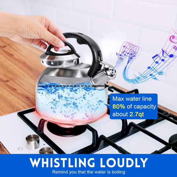 Ggc Whistling Stove Top Tea Kettles 304 Stainless Steel Tea Kettles With Anti-Heat Handle 2.7Qt/3L Tea Pot For Boiling Water Coffee Or Milk