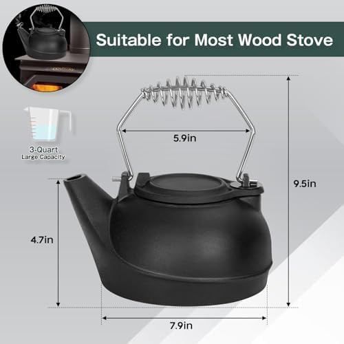 Gtongoko Wood Stove Steamer 3 Quart Cast Iron Humidifier Kettle For Wood Stove Fireplace Steamer Humidifier With Wide Mouth Cool-Touch Handle Home Indoor Decorative Black