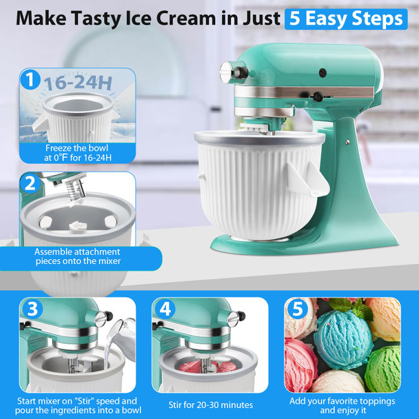 Guanqiao Ice Cream Maker Attachment: For Kitchenaid Stand Mixer Fits 4.5/5Qt/6Qt/7Qt Models. 2 Quart Capacity Makes Frozen Yogurt & Gelato