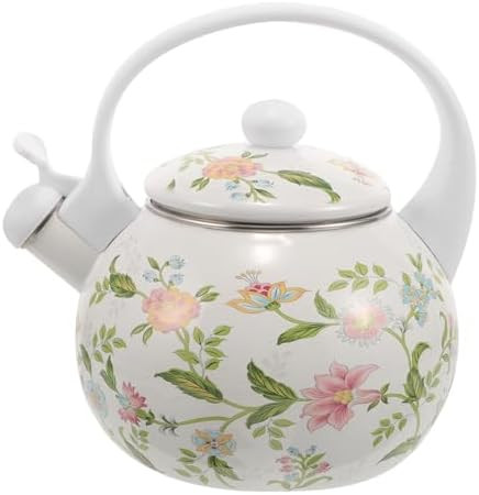 Hemoton 2.2 Quart Whistling Tea Kettle 2.2L Floral Enamel On Steel Water Kettle Teapot With Handle For Stovetop Vintage Enamel Tea Kettle (Flower Style)