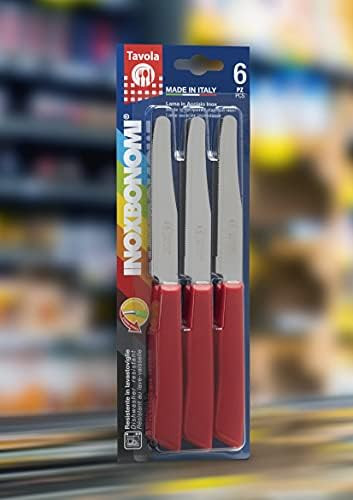 Inoxbonomi 6 Kitchen Knives - 4.3"/11Cm Italian Stainless Steel Serrated Vegetable/Steak/Table Knife Cutlery Rounded Tip (Red Handle)