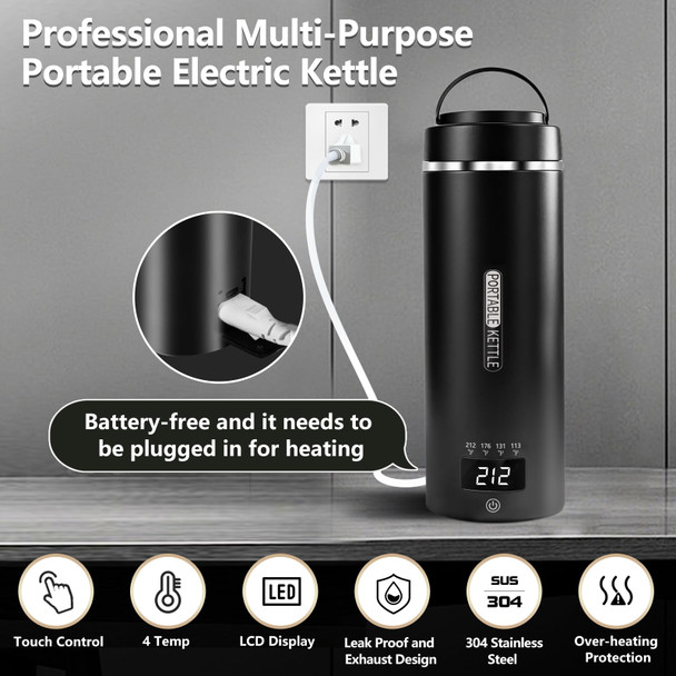 Jekaba Travel Kettle Small Tea Kettle Coffee Mini Portable Electric Kettle With 4 Temperature Settings Plug In 304 Stainless Steel Mini Travel Electric Kettle With Auto Shut-Off(Black)