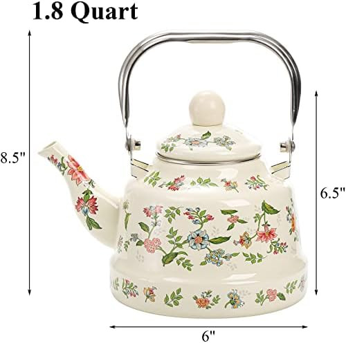 Jucoan 1.8 Quart Vintage Enamel Stovetop Tea Kettle Retro Green Floral Enamel On Steel Teapot With Removable Infuser For Camping For Wedding Housewarming Thanksgiving Christmas
