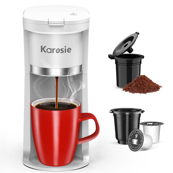 Karosie Small Single Serve Coffee Maker Fast Brew For K-Cup & Ground Coffee 6-12 Oz Brew Sizes One-Button Single Cup Coffee Maker Coffee Machine With Descaling Reminder