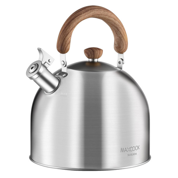 Maxcook 18/8 Stainless Steel Tea Kettle For Stovetop (5L / 5.29 Quart Whistling Tea Pot Wood Handle)-Silver