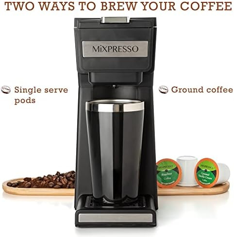 Mixpresso Coffee Maker Single Serve For Ground Coffee & Compatible With K Cup Pods With 14Oz Travel Mug & Reusable Filter For Home Office & Camping.