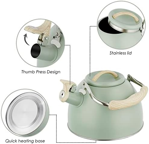 Sorfity Tea Kettle -3.0 Quart Whistling Tea Kettle For Stove Top Stainless Steel Tea Pot Stovetop Food Grade Water Kettle With Wood Pattern Handle For Coffee/Tea/Milk Kettle Pot-Green